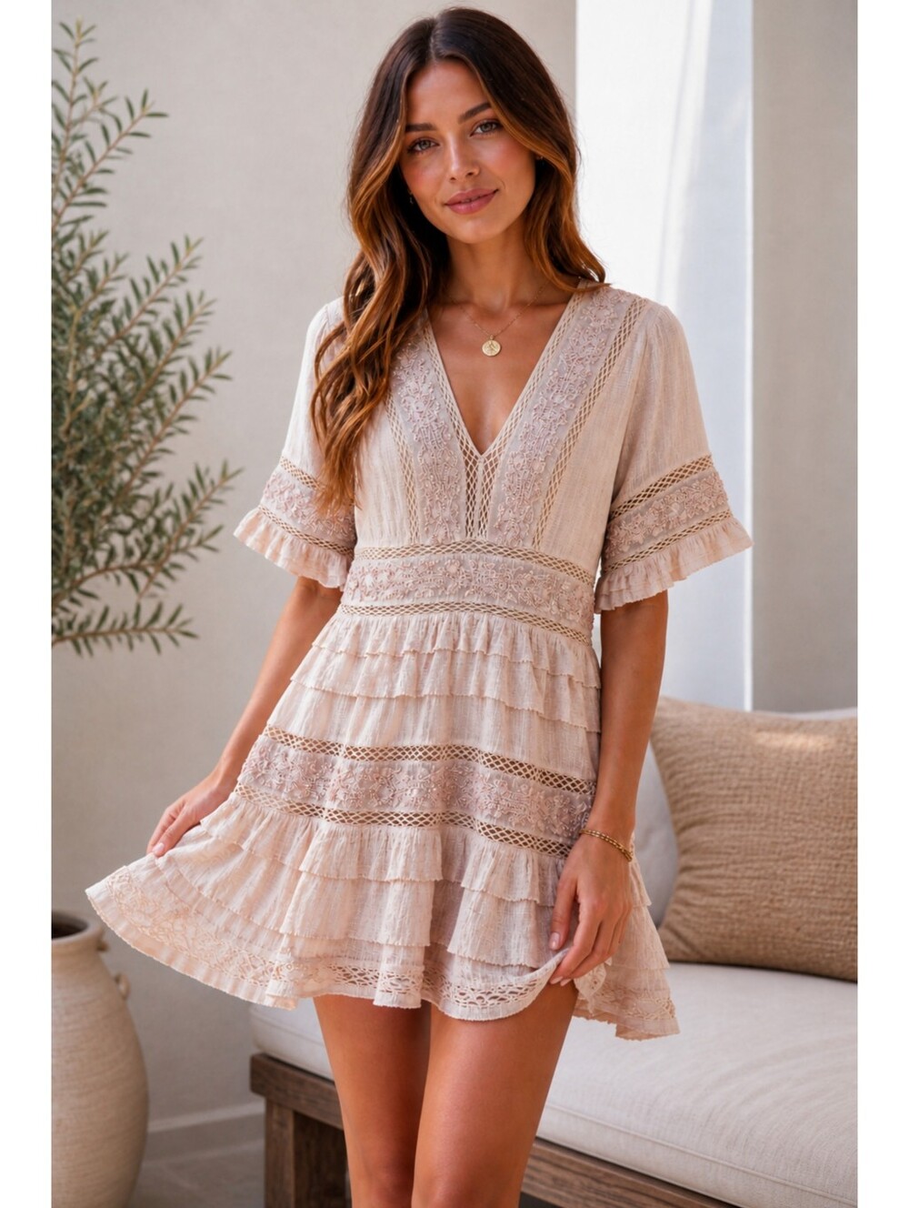 Love Sam Beaded Embroidered Boho Mini Dress Blush Lace Tiered Ruffle M